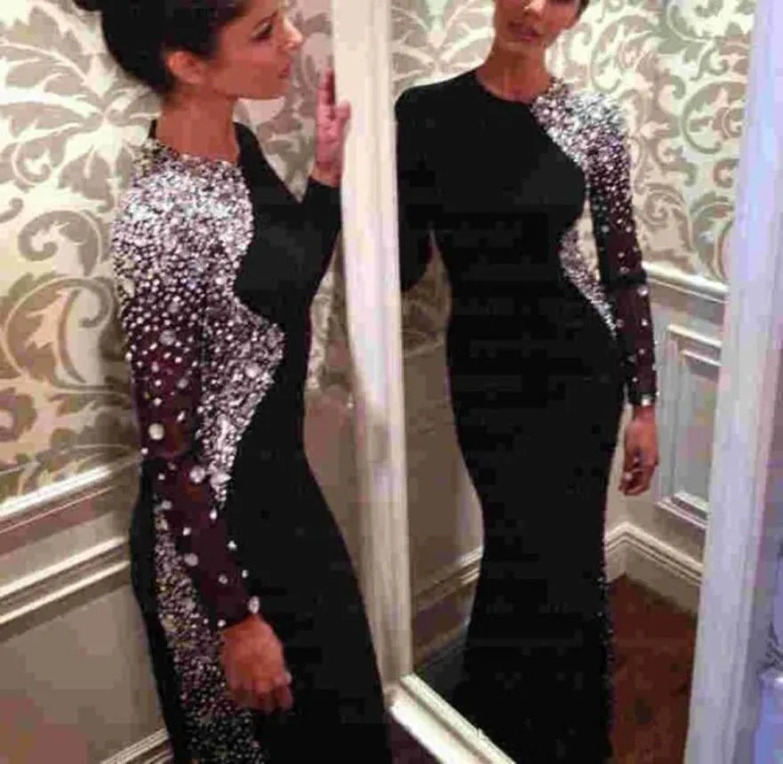 New Bling Crystal Beaded Black Long Sleeve Sheath Evening Dresses Jewel Neck Sweep Train Muslim Prom Gowns Arabic Sparkly Rhinesto7731390