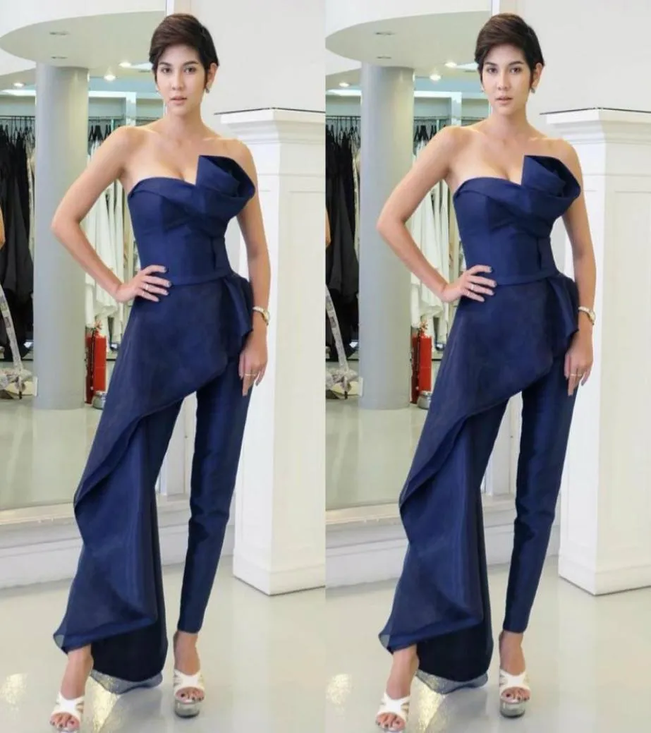 Fashion Royal Blue Pantsuit Prom Dresses Strapless With Overskirt Evening Gowns Vestidos De Fiesta Organza Party Cocktail Dress5807624