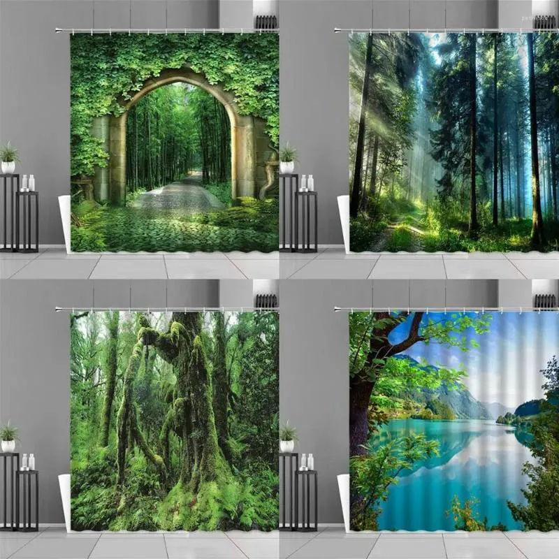 Rideaux de douche Tropical Rain Forest Landscape Curtain Green Plantes Arbres Rivers Pèche Modèle Bath Home Decor Baths Produits