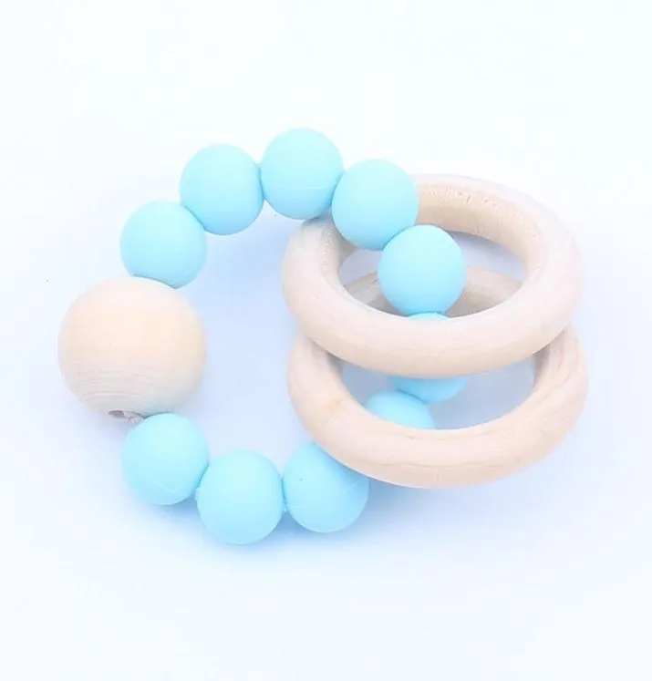 Baby Teether Rings Food Grade Beech Wood Teething Ring Soothers Chew Toys Shower Play Round Wooden Bead Newborn Silicone teethers 9216335