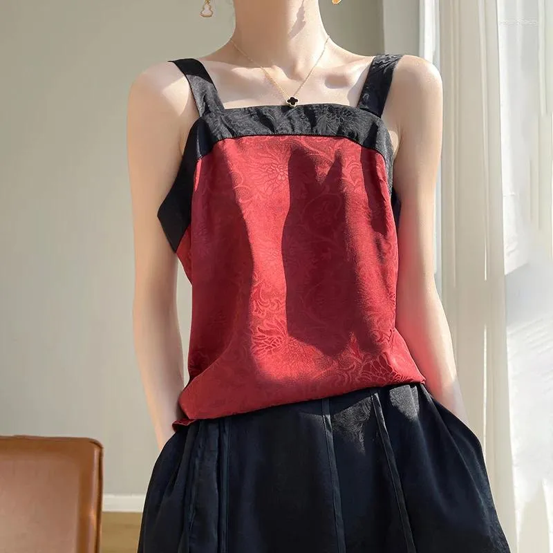 Women's Tanks Chinese Style Silk Satin Suspender Top 2024 Summer One Line Collar Wide Shoulder Strap Retro Color Matching Sling