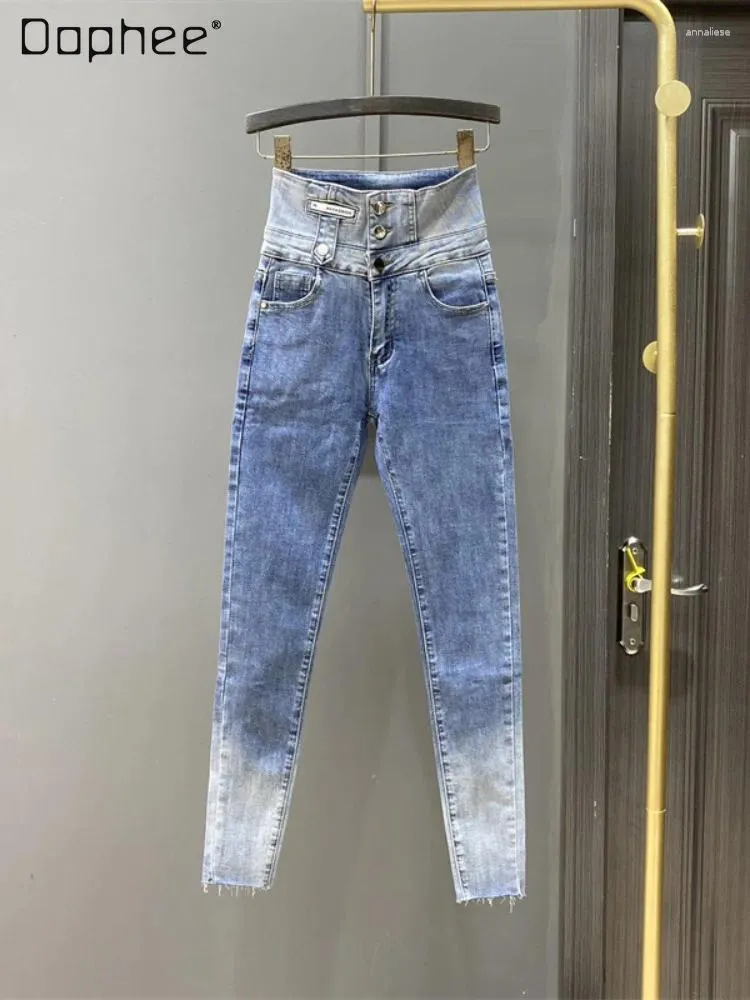 Jeans streetwear streetwear gradient color slim fit waist alto 2024 donne primaverila elastica elastica anca skinny sollevare pantaloni a matita in denim dimagranti