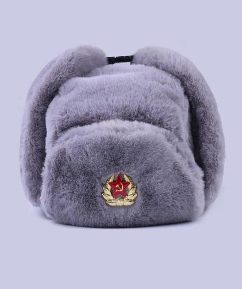 Crachá soviético Ushanka Russian Homens Mulheres Chapéus de Inverno Faux Rabbit Fur Exército Militar Bomber Hat Cossack Trapper Earflap Snow Ski Cap 27250421