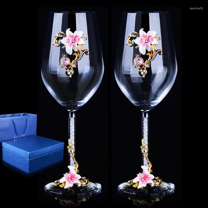 Wine Glasses 1 Par De Copos Vidro Cristal Esmaltados Europeus Alta Qualidade Vinho Tinto Com Diamante Presente Casamento