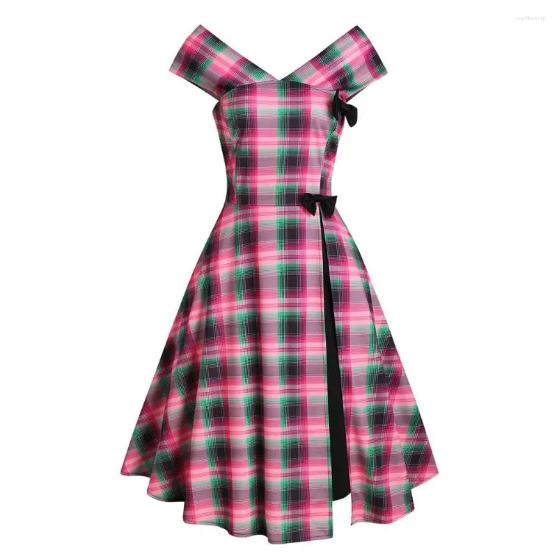 Casual Dresses 50s Fashion Cap Sleeve Plaid Bowknot Överlapp är ärmlös en linjeknälängd klänning