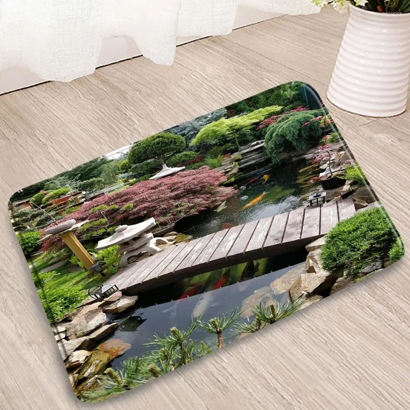 Badmatten tuinlandschap badkamer mat vijver houten brug bosplant bloem waterval deurmat slaapkamer keuken niet-slip vloer decor tapijt