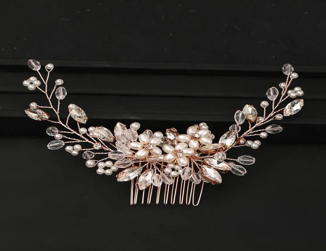 Rose Gold Wedding Bridal Hair Bejdia dla imprezowych kobiet ręcznie robione tiara Perły Perły Kryształowe włosy grzebice Hairbands9269704