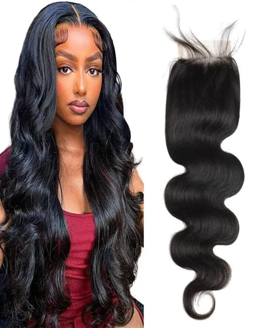 Brésilien Body Wave 4x4 Tranparent Lace Fermeure 100 Cheveux humains pré-cueillis avec des cheveux de bébé5439408