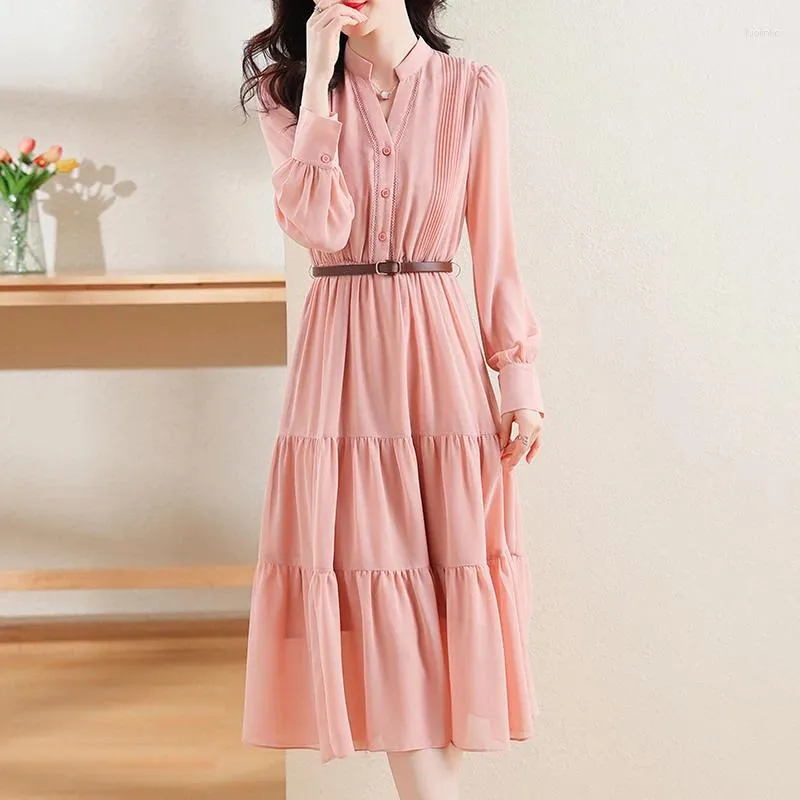 Casual Dresses Spring French Sweet Chiffon Mid-Calf Women Simple V Neck  Pleated Party Dress With Belt from Dhgate Basic & Casual Dresses - price  39.72