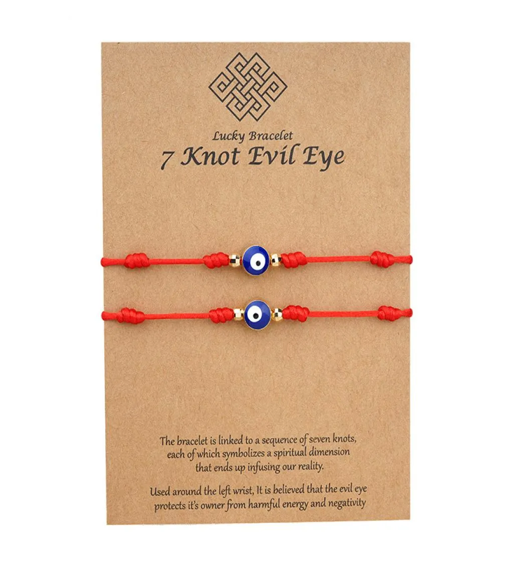 7 Knot Mavi Evil Göz Bilezik Kağıt Kartı Bilezik Ayarlanabilir Şanslı Kırmızı String Bilezikler Çift Takı Dostluk Bilezik 2pscs9816361