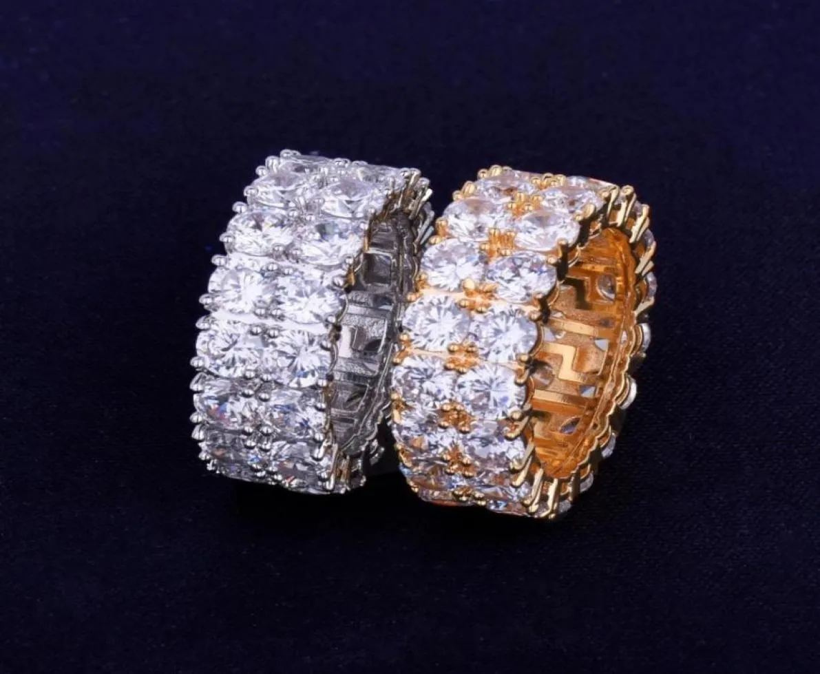 Duas fileiras Solitaire Men039s Anel de cobre Charme dourado cor prata de zircão cúbico Iced On Ring Fashion Hip Hop Jewelry10605852354962