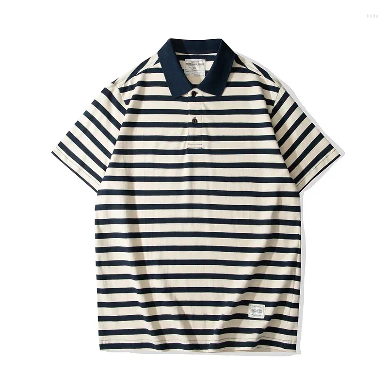 Polos masculine Summer American Retro Navy Stripe Fashion Polo Polo