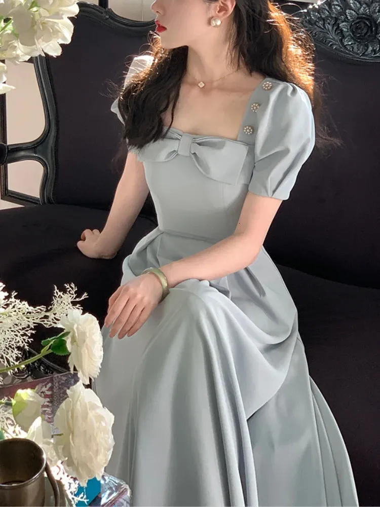 Zomerblauw elegante vintage dres boog roze zoete Franse feest midi jurk Koreaanse retro sprookje mouw dames 2023 240402