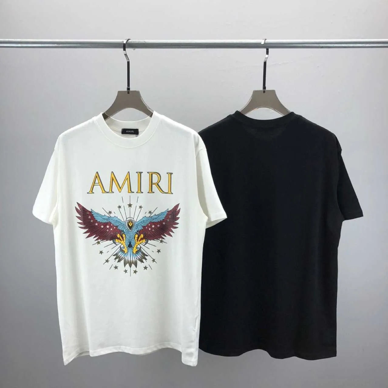 Fashionable European style AM short sleeved T-shirt with chest letter wings printed pattern unisex top