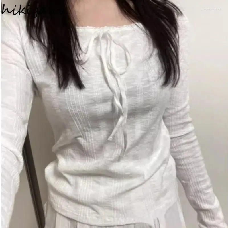 Women's T Shirts White Tshirts Women Clothing Temperament Simple Tops 2024 Ropa Mujer Long Sleeve O-neck Bandage Tunic Y2k T-shirt