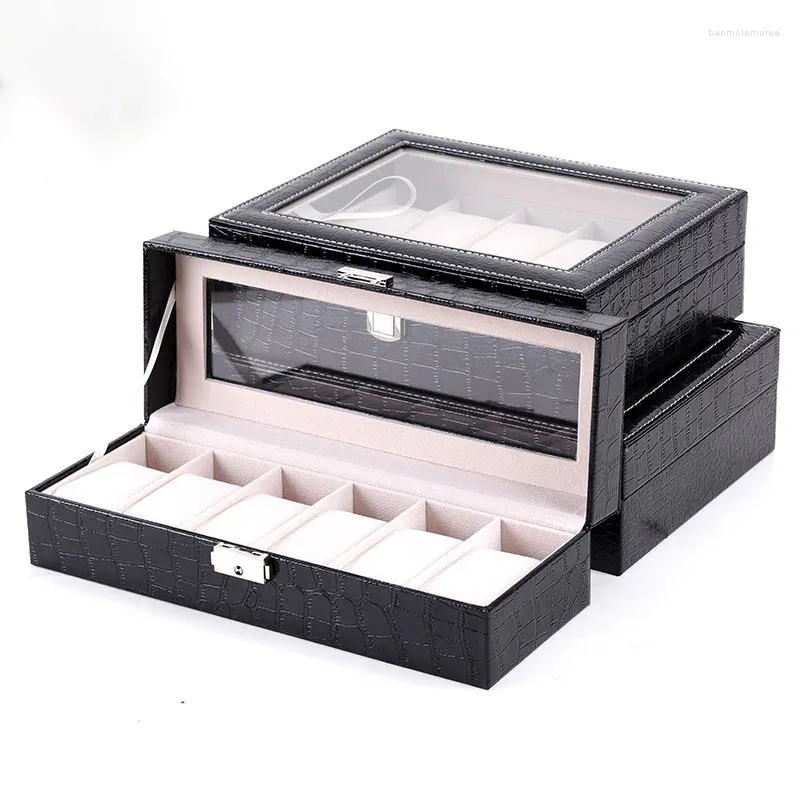 Uhrenbox Organizer Box PU Leder Hülle Halter Aufbewahrung 6/10/12 Gitter Quarz Uhren Schmuck Display Geschenk