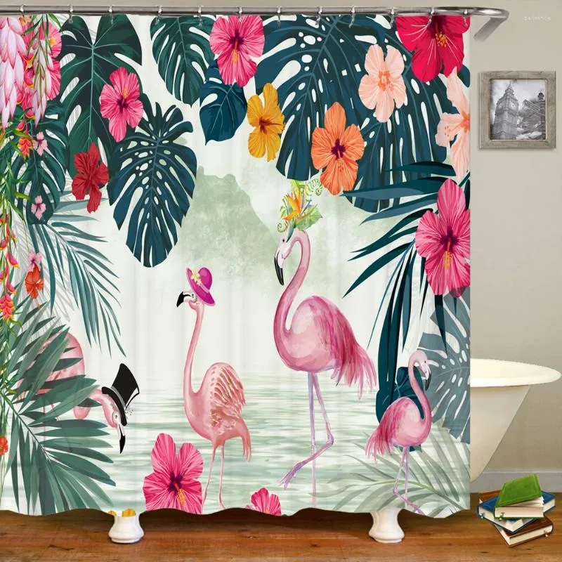 シャワーカーテントロピカル植物フラミンゴプリント3Dカーテン防水ポリエステルフックバスルームの装飾