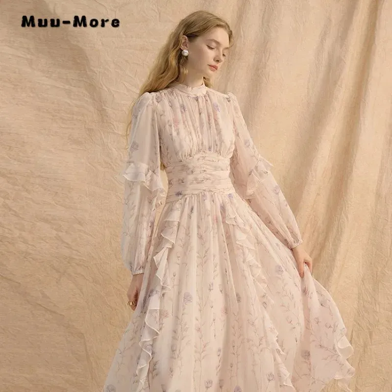 Wróżki słodki w stylu długim rękawem kwiatowe drukowanie sukienki midi 2024 Spring Women Elegancka okrągła drewno drewniana sukienka Princess 240402