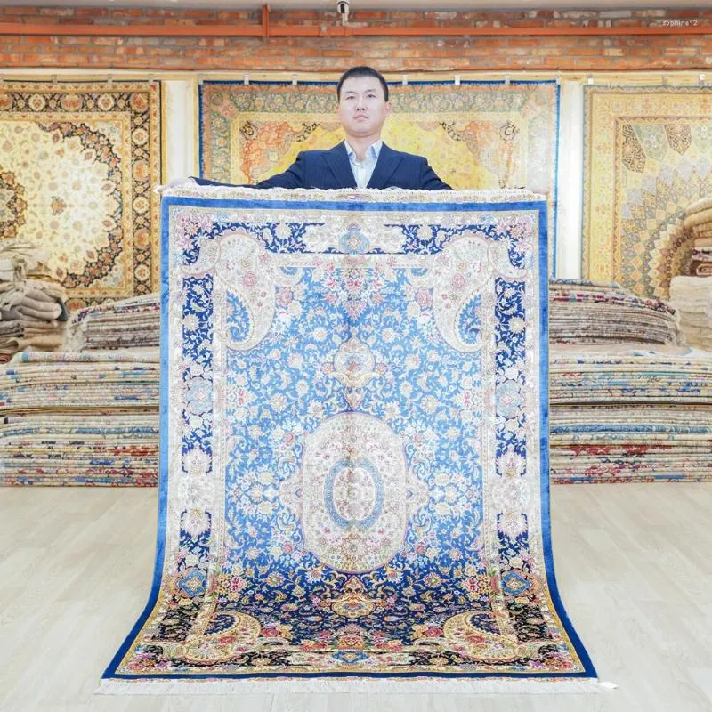 Carpetes 4'x6 'azul puro seda pura luxo com o nó de alta qualidade de alta qualidade