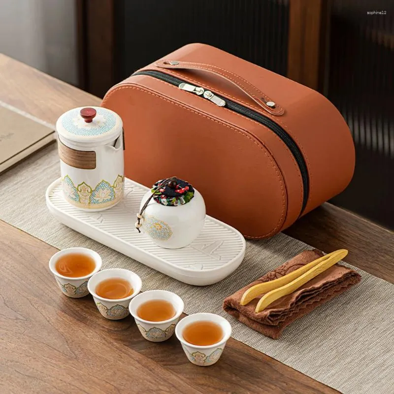 Teaware -sets Tianview Travel Tea Set 1 Pot 4 kopjes Caddy Tray Outdoor Camping Portable Quick Cup Brewing Teapot