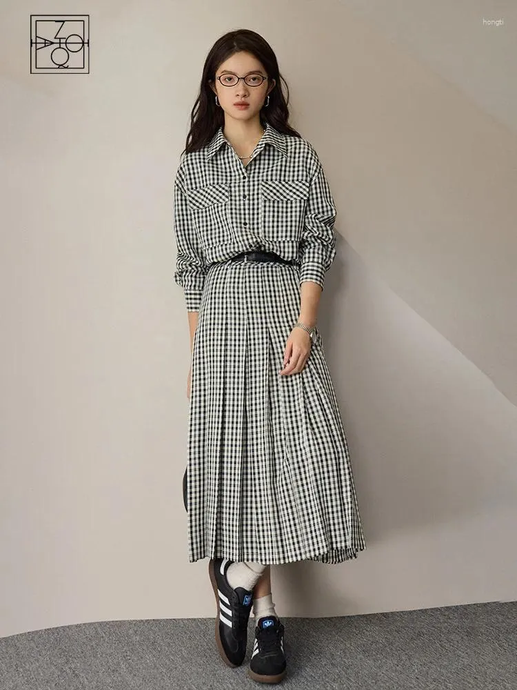 Work Dresses ZIQIAO Retro Casual Checkered Fashion Set For Female 2024 Early Autumn Loose Shirt Pleated Skirt With Belt Women's Sets