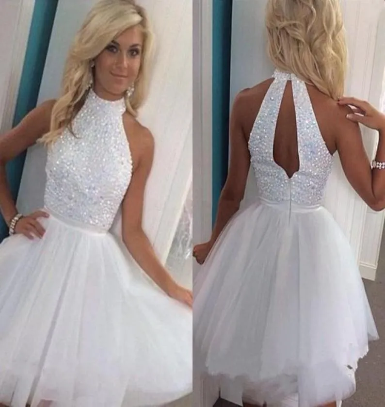 2019 Graduation Dresses with High Collar Beaded Sexy Back Homecoming Party Gowns Sleeveless Tulle A Line Dress6732865