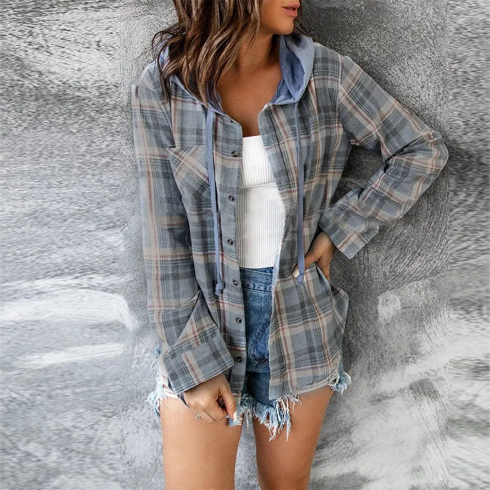 Womens Fashion Check Casual Loose Shirt Jacket Autumn Long Sleeve Plaid Hooded Tops Plus Size Clothing 20232024 240412