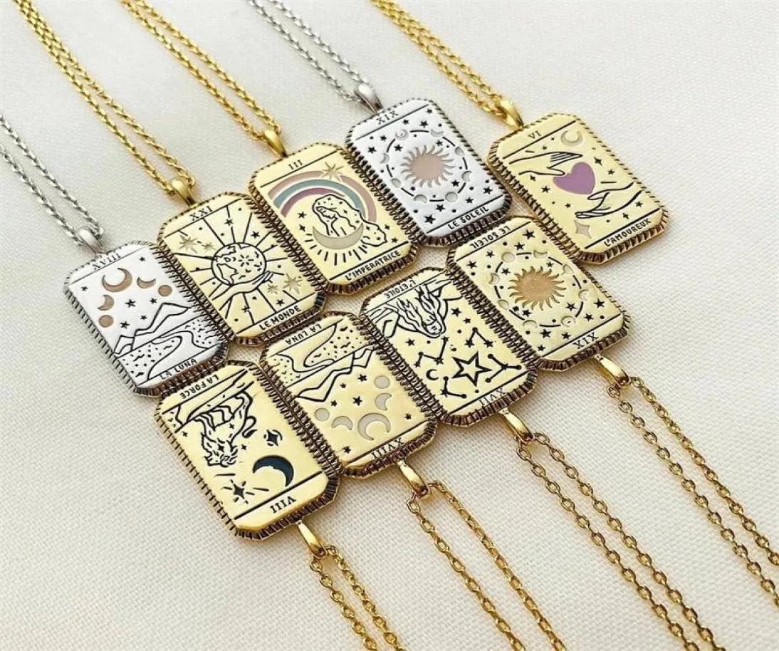 Creative Gothic Tarot Card Retro Women039s 16k Gold Plated Pendant Necklace Square Sun Moon World Love Couple Party Necklaces8304713
