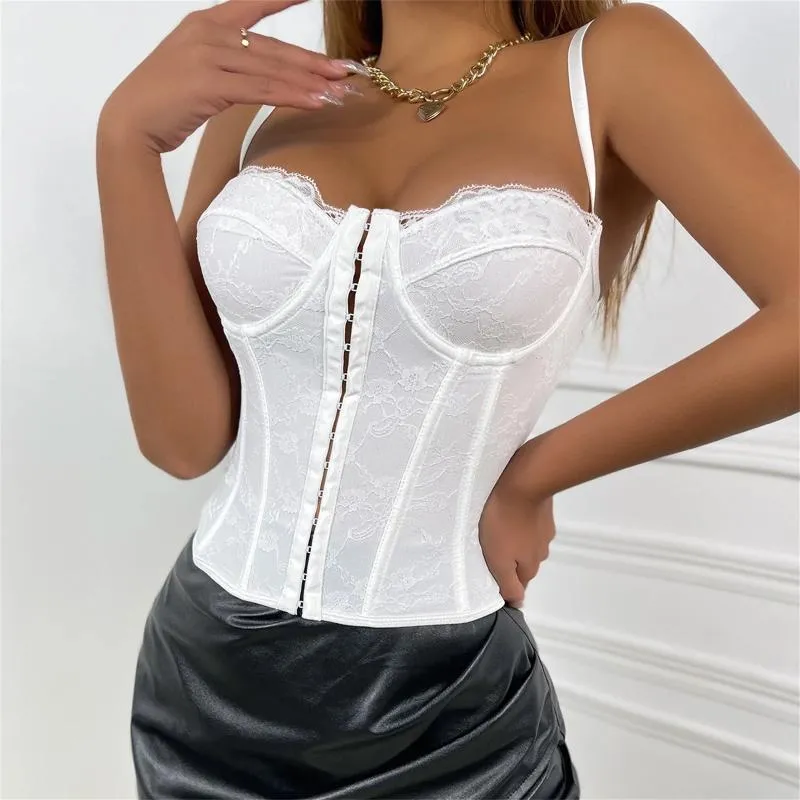 Camisoles Tanks Женские летние кружевные кружевные сетки Sexy Vintage Spaghetti Stop Top Open Back Back Coseed Corset Выход на вечеринку 2024