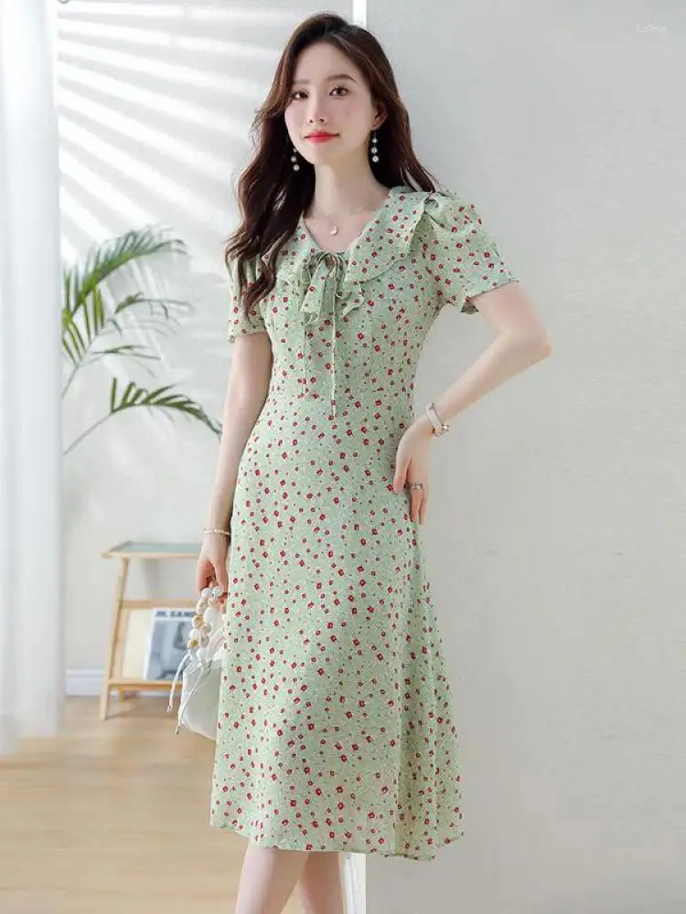 Green Floral Lace Up Party Dress with Ruffles and Short Sleeves - Elegant Fairy Women's Sweet Clothing for Summer (2024)