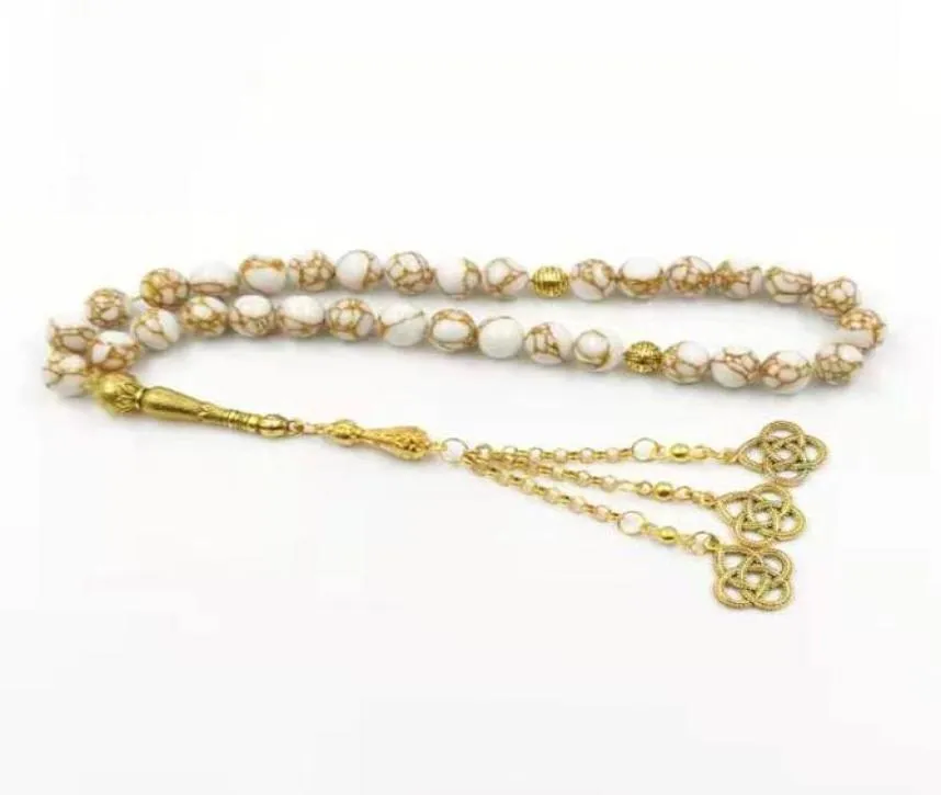 Socchi di perline Tasbih Howlite White Spun Gold Stone Muslim Rosary 33 Perle Paryer Misbaha Eid Gift Bracelets3552669