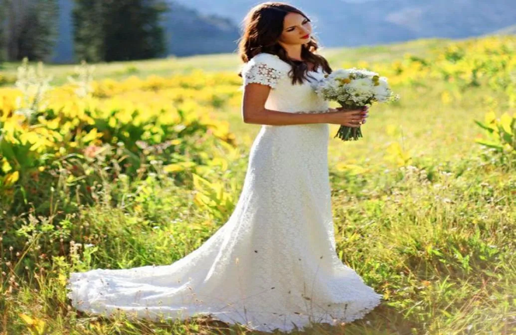 Vintage Classic A Line Bridal Gowns with Short Sleeve Lace Wedding Dress Modest Western Country Style Plus Size7435588