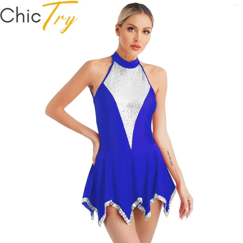 Stage Wear Women's Sequins Ballet Tutu Dress Sleeveless Backless Gymnastics Workout Leotard Performance Figure Ice Skating Dancewear