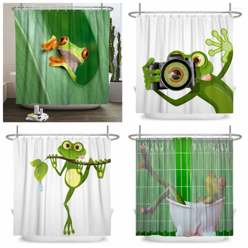 Duschvorhänge lustige Frosch -Cartoon -Vorhang Sets Blatt Tier kreative Kinder Badezimmer Dekor wasserdichte Stoff Haken Bad Bad