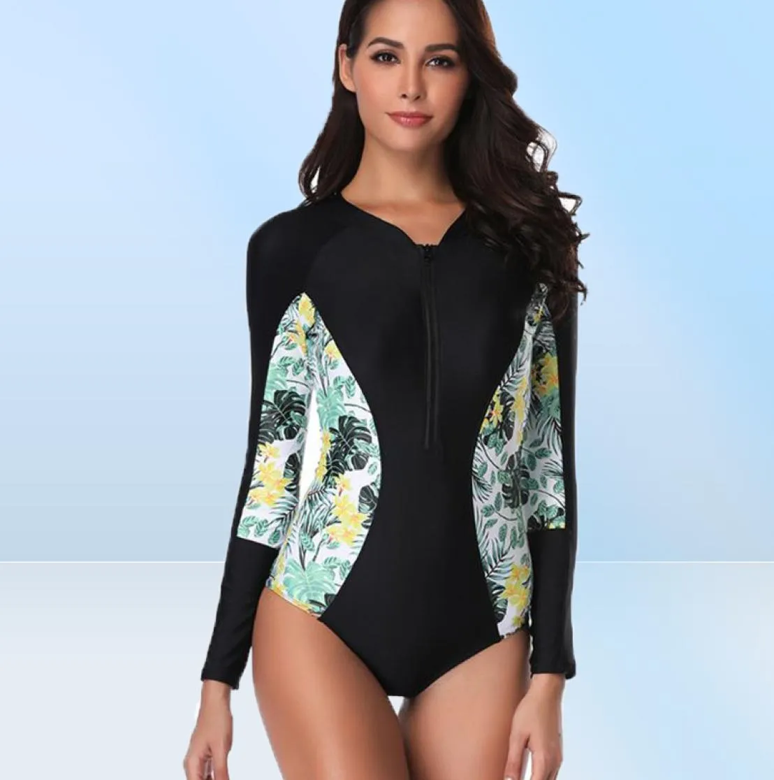 Vrouwen één stuk lange mouw rashguard wetsuit bohemian tropical floral patchwork zwempak zip surfen strandkleding3540415