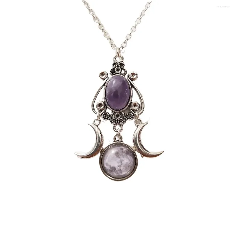 Pendant Necklaces Triple Moon Goddess Necklace Amethyst Jewelry Retro Creative Personalized Alloy