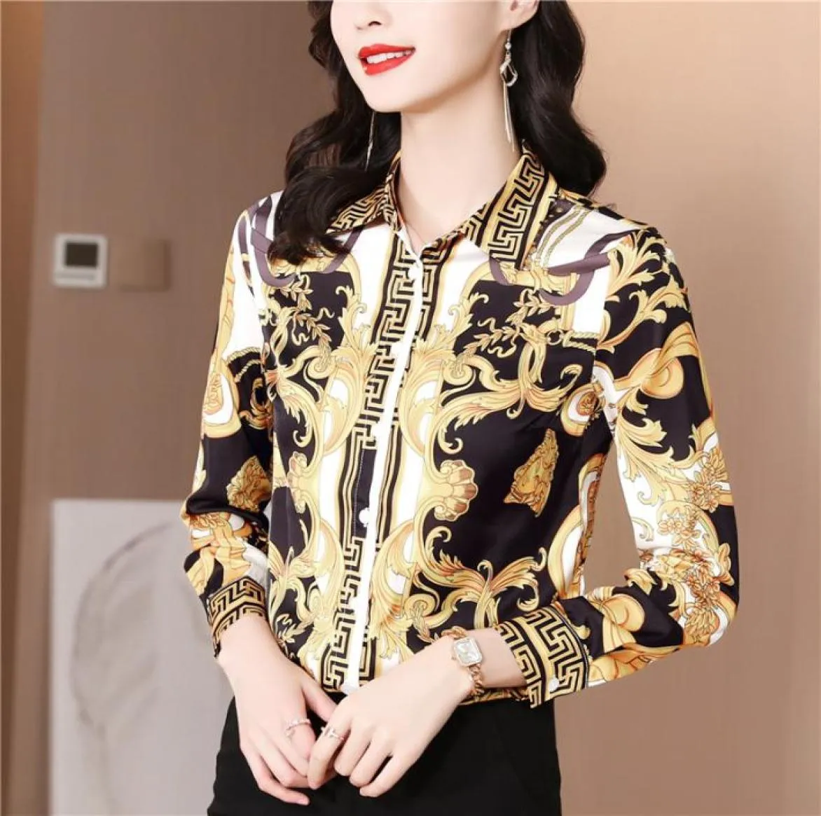 Luxury Vintage Baroque Print Blouses Women Long Sleeve Lapel Button Shirt Office Ladies Silk Print Shirts 2022 Spring Autumn Woman5485183