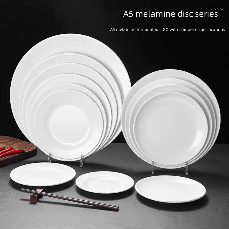 Assiettes disque blanche Imitation en plastique Porcelaine Plat de mélamine disque en libre-service Assiette commerciale Affaire de table buffet