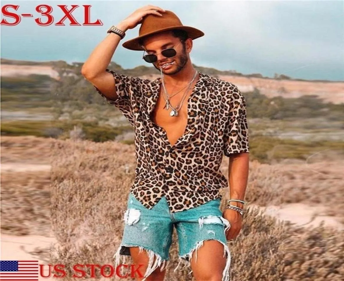 S3XL Plus Size Mänskjortor toppar män vintage leopardtryck skjortor för män sommar avslappnad kort ärm lös skjorta man blusar toppar t2449877