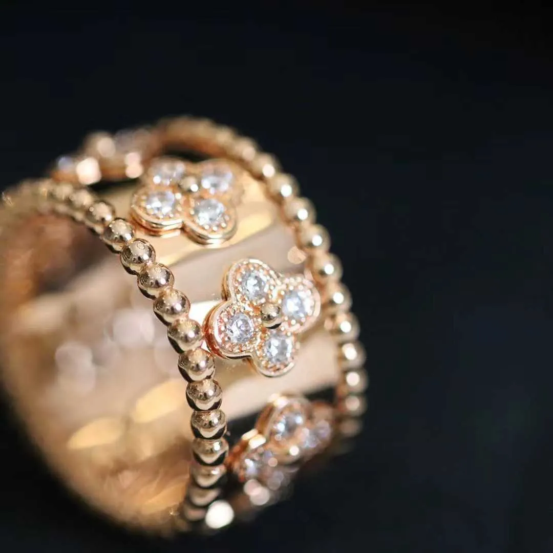 Оригинальная бренда высокая версия v Golden Van Kaleidoscope Ring Wide и узкий полный бриллиант 18K Rose Gold Light Light Luxury Style Womens с логотипом 76B6