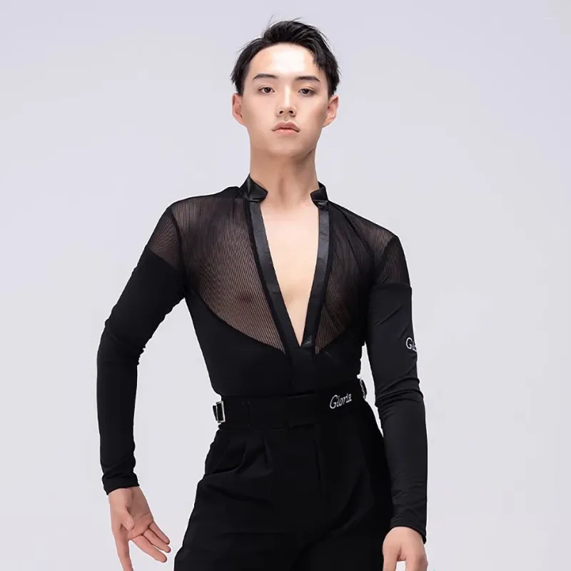 Stage Wear Long Sleeve V Neck Patchward Tops Male Latin Dance Dress For Men Performance Cha Samba Rumba Clothing NY02 CR523