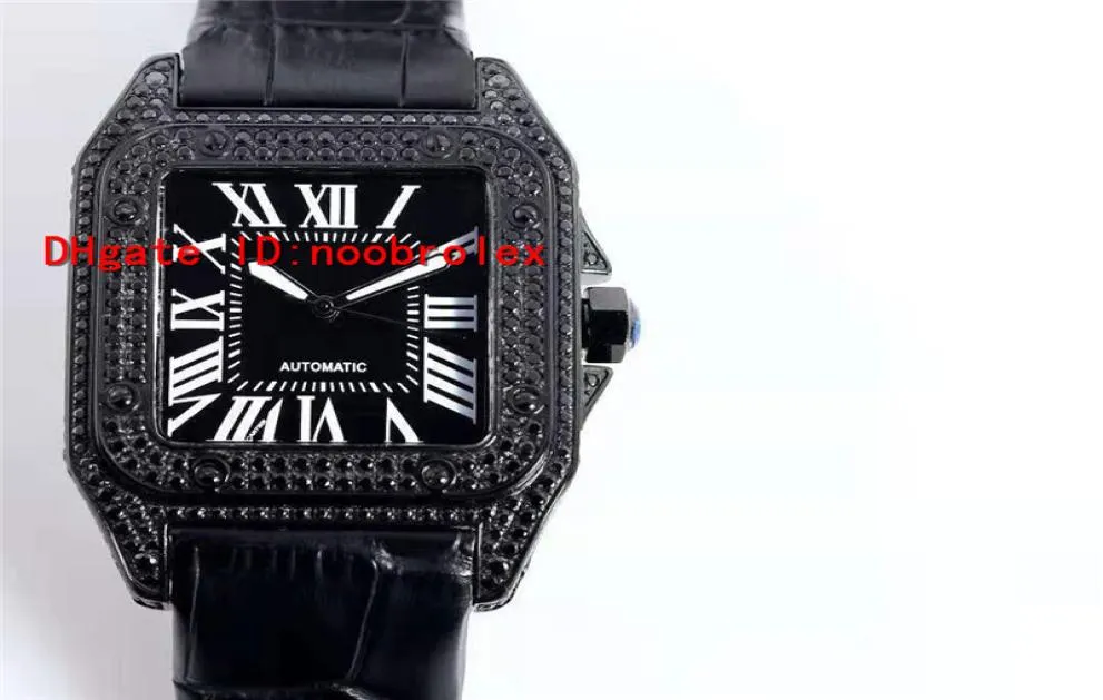 Classic Black Diamond Square Mens Watch Automatic Movment Sapphire Crystal White Roman Digital Leather Strap Luminous Watches6575580