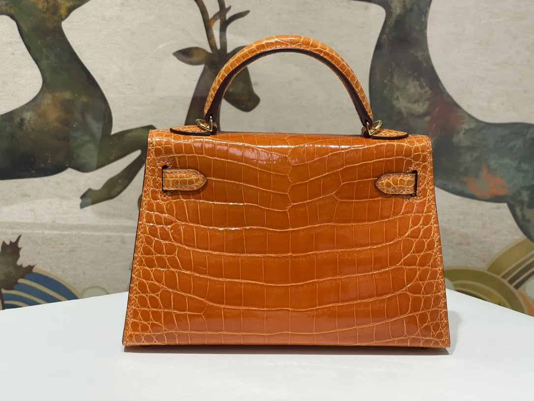 designer bag luxury handbag shoulder bag for ladies 19.5cm real shinny crocodile skin yellow hop pink color fully handmade quality fast delivery