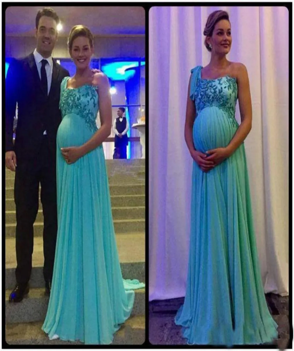 2019 Cheap Chiffon Maternity Prom Dresses Applique Sequins One Shoulder Empire Long Formal Evening Gowns For Pregnant Women1020926