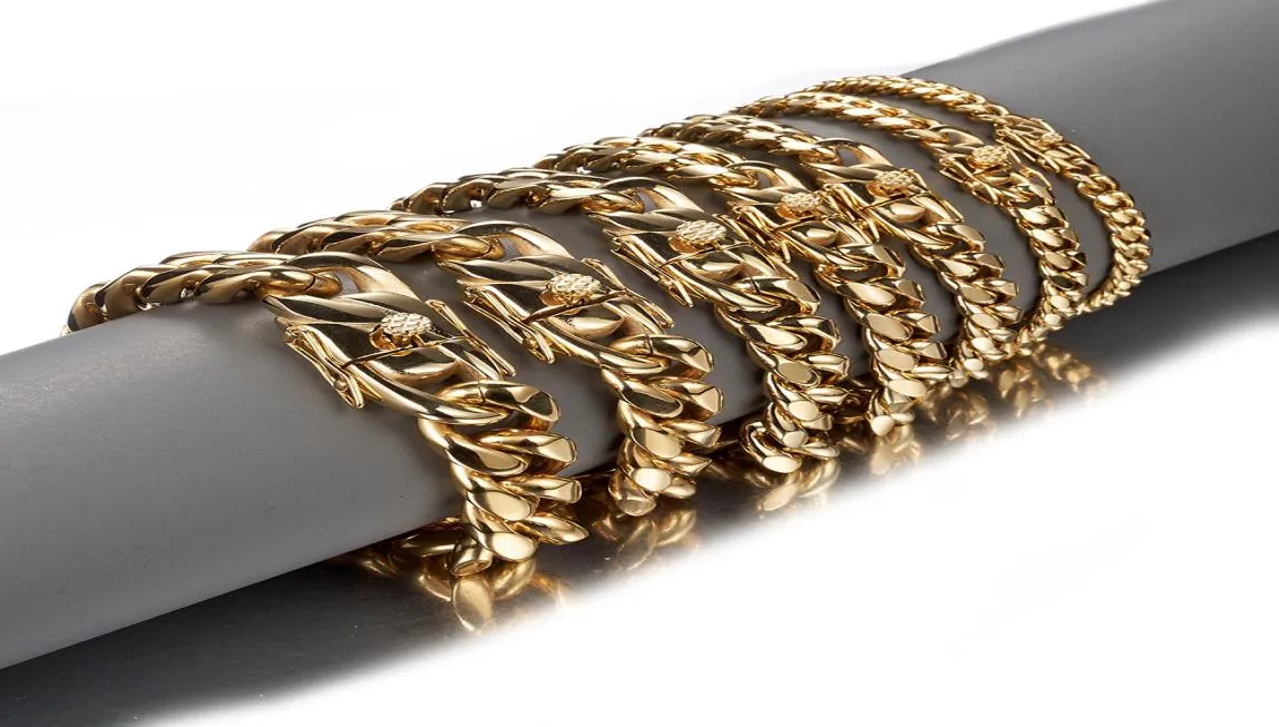 Męskie Hip Hop Cuban Link Bracelets Bracelets ze stali nierdzewnej 18K Real Gold Pleated Bangle Biżuter Prezent 818mm9963905