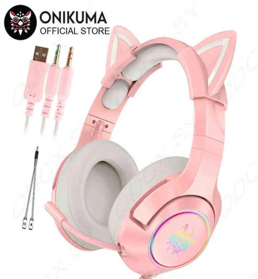 Headset onikuma k9 spel headset casque cute girl rosa kattör stereo hörlurar med mic LED -ljus för bärbar datorspelare T22657288