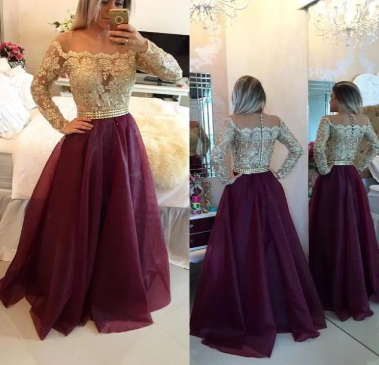 New Sheer Long Sleeve Gold Lace Evening Gowns Beaded Top Organza Floor Length Prom Dresses Hollow Buttons BO96088617153
