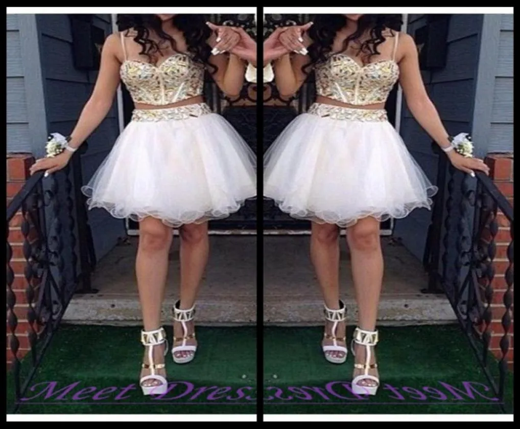 2020 Cheap Two Piece Ball Gown Homecoming Dresses With Gold Beaded Straps Tulle White Short Prom Dress Sweet 16 Gown1083787