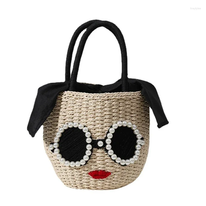 Borse da sera paglia borsette rattan simpatico secchio da cartone animato borse tessere in tessuto portatile piccolo messenger fresco spalla per donne