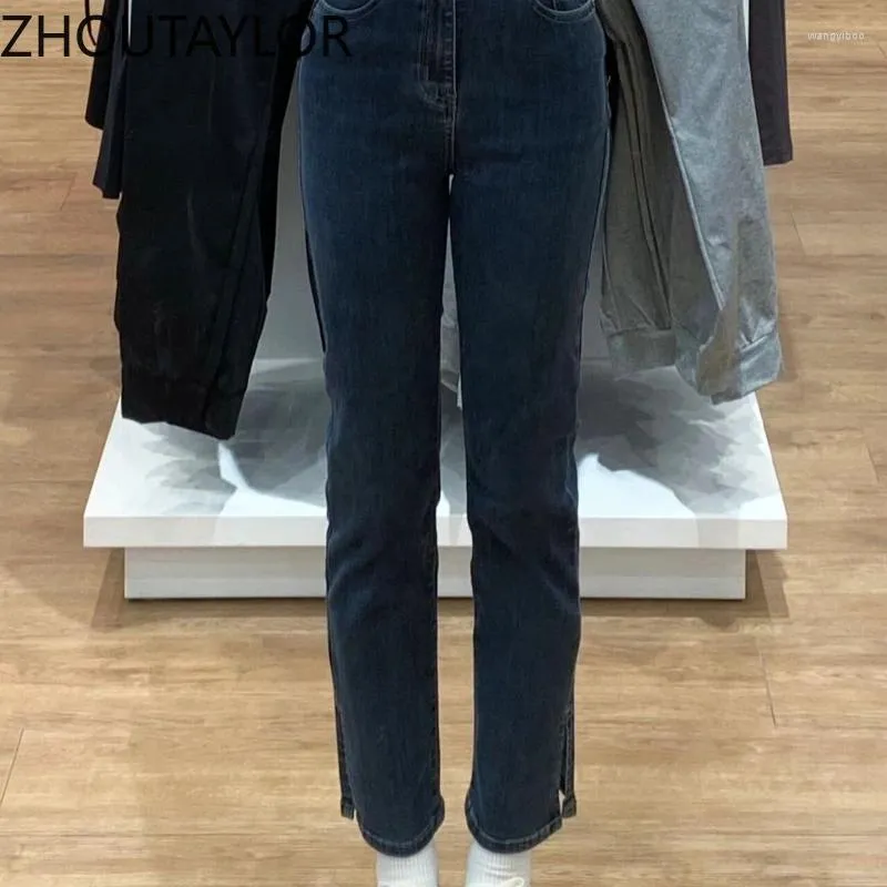 Dżinsy damskie Zhoutaylor Women Japan Japan Style Pantalon Femme Office Lady Zippers Spring High Talisted Panted Pants Female S4194